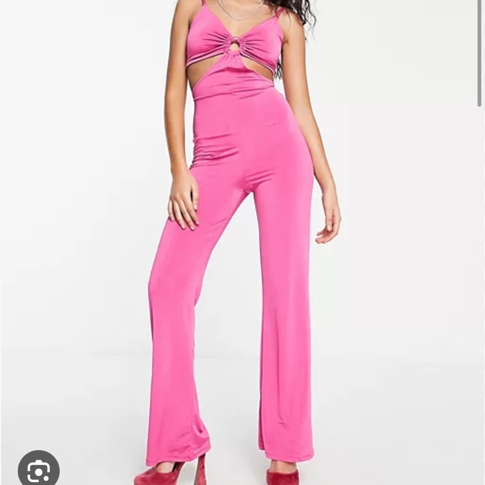 Flounce London Petite satin cut out flared jumpsuit in hot pink ASOS UK size 12